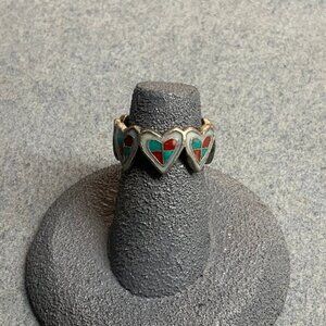 Vintage Silver Tone Heart Ring Size 5 Turquoise Red Checkered Enamel Retro 80s